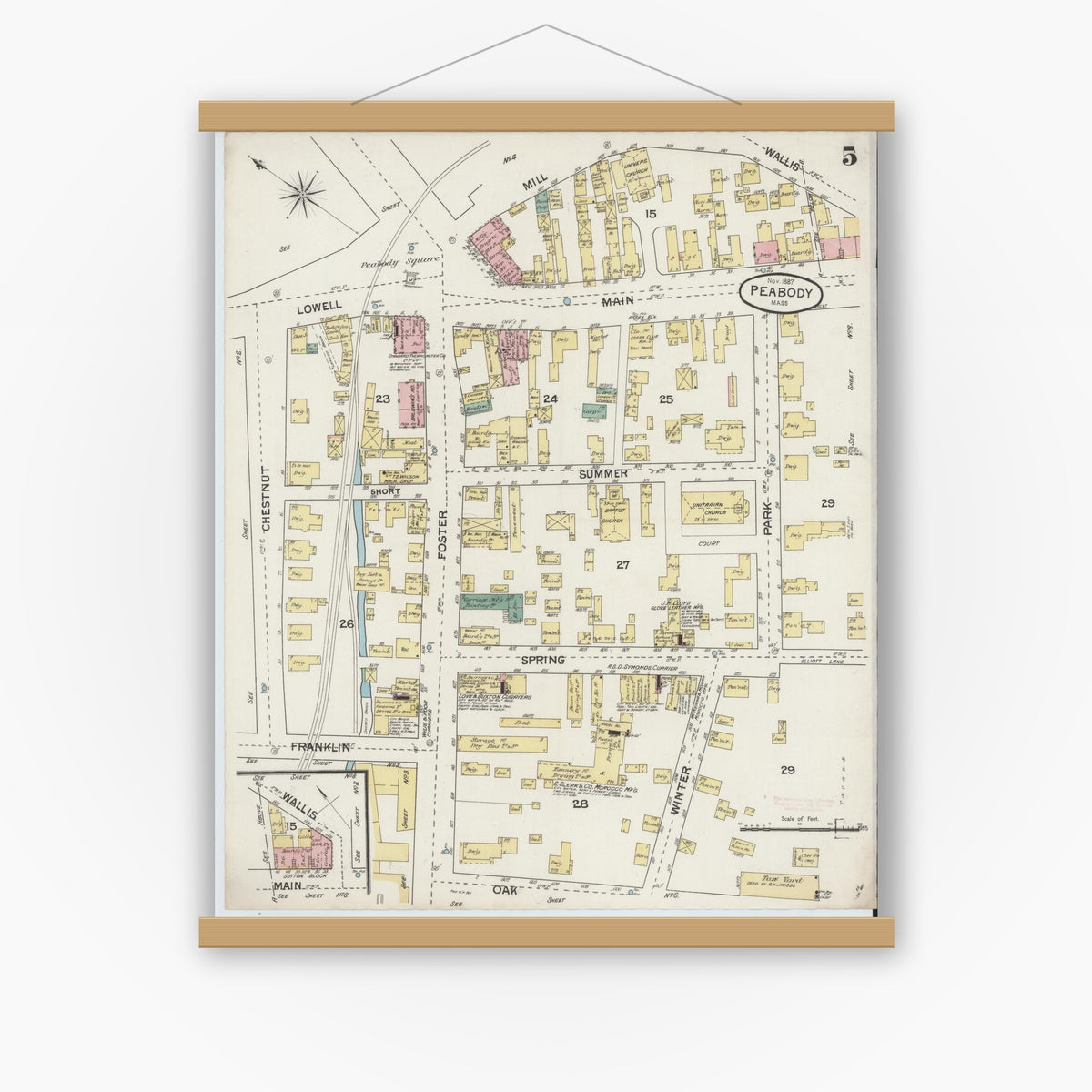 Old map wall art mockup — magnetic wood frame on white wall — Sanborn Fire Insurance Map from Peabody, Essex County, Massachusetts (1887), Sheet #0005