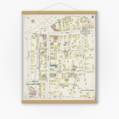Old map wall art mockup — magnetic wood frame on white wall — Sanborn Fire Insurance Map from Peabody, Essex County, Massachusetts (1887), Sheet #0005