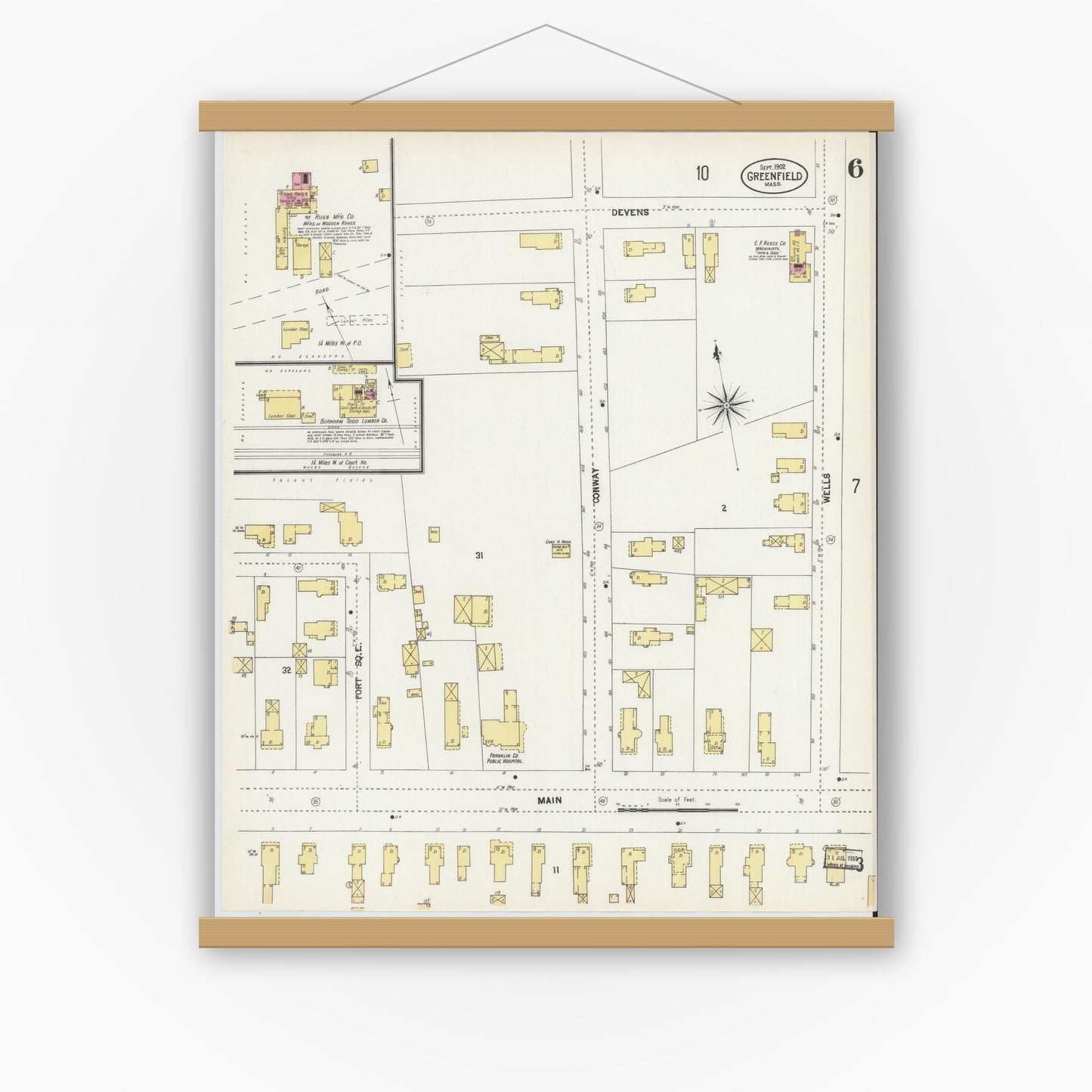 Old map wall art mockup — magnetic wood frame on white wall — Sanborn Fire Insurance Map from Greenfield, Franklin County, Massachusetts (1902), Sheet #0006