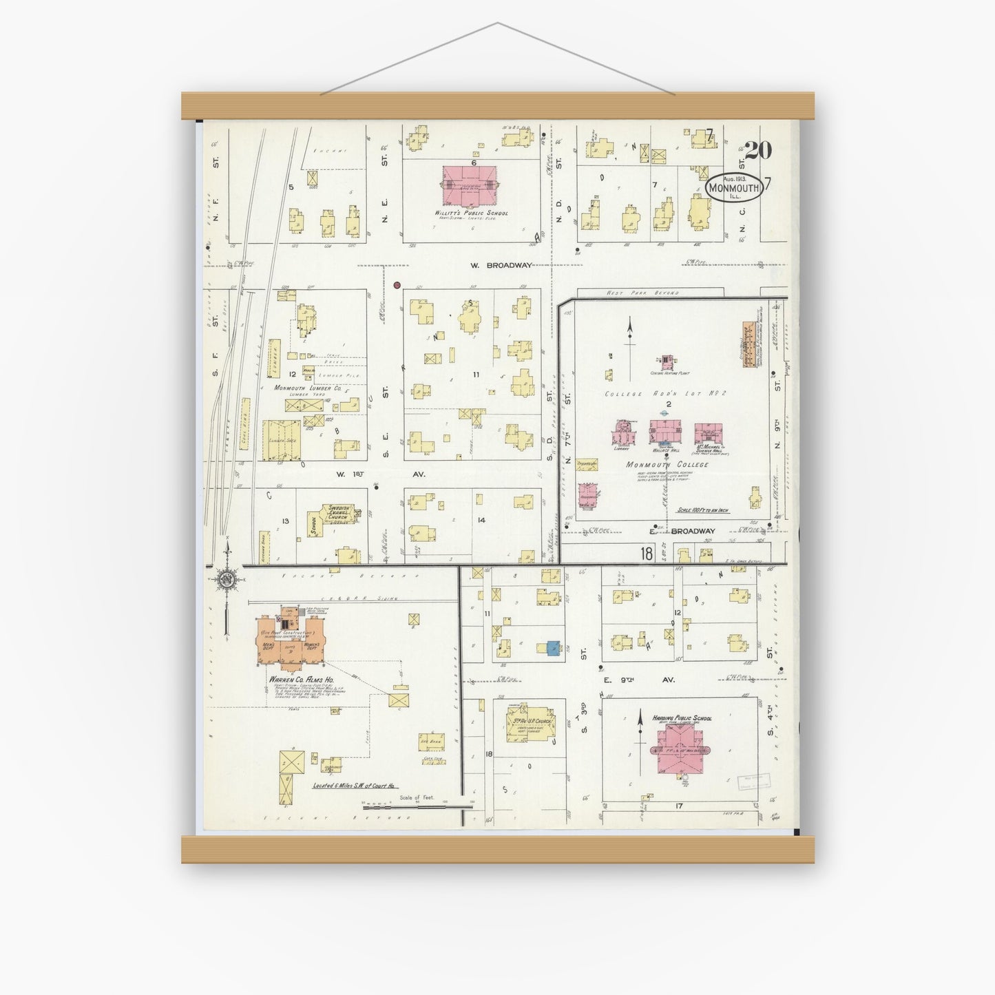 Old map wall art mockup — magnetic wood frame on white wall — Sanborn Fire Insurance Map from Monmouth, Warren County, Illinois (1913), Sheet #0020