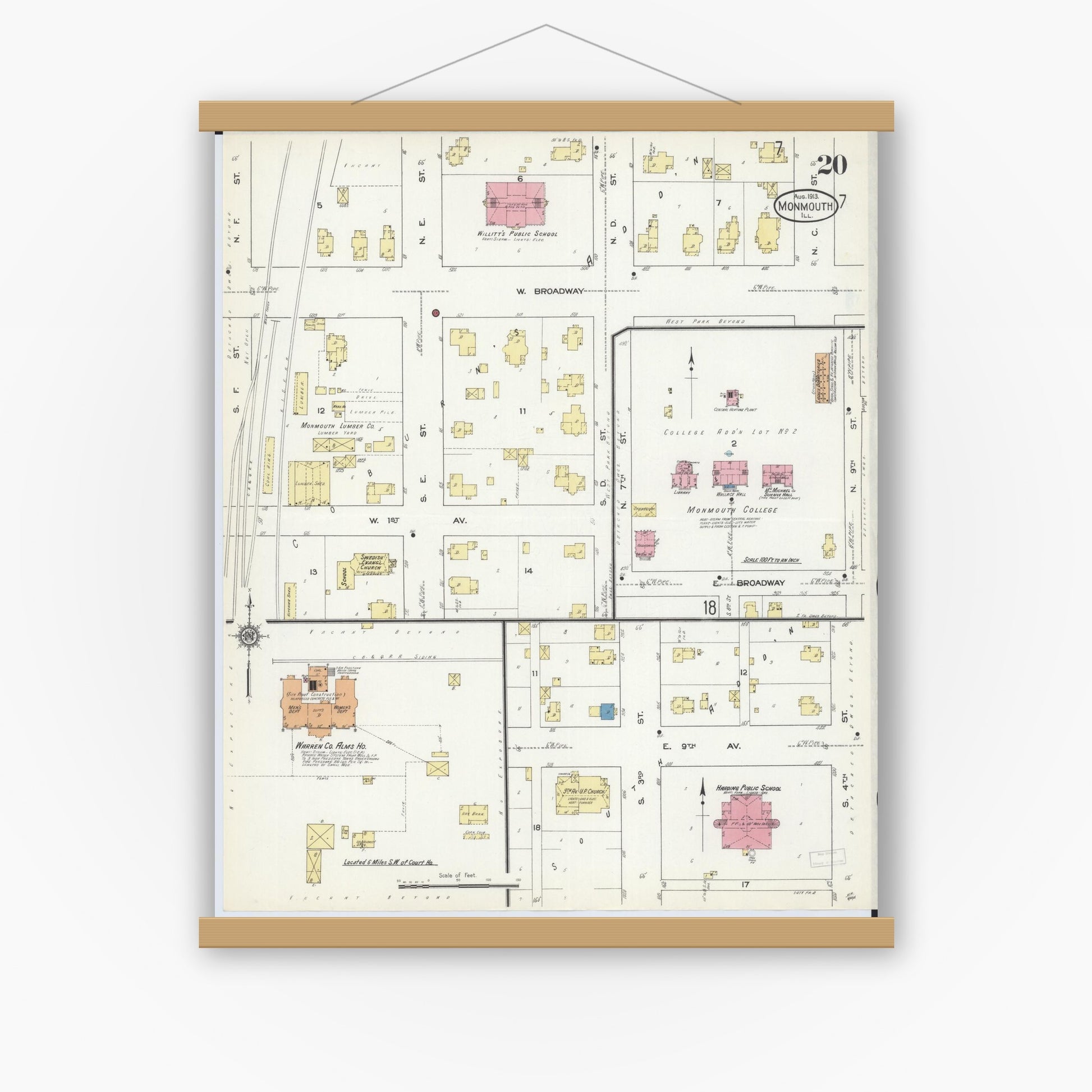 Old map wall art mockup — magnetic wood frame on white wall — Sanborn Fire Insurance Map from Monmouth, Warren County, Illinois (1913), Sheet #0020