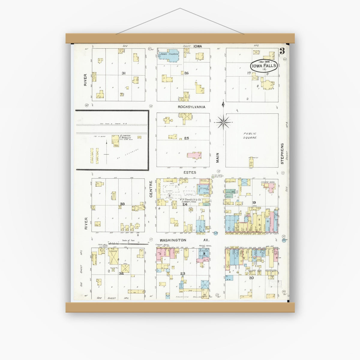 Old map wall art mockup — magnetic wood frame on white wall — Sanborn Fire Insurance Map from Iowa Falls, Hardin County, Iowa (1892), Sheet #0003