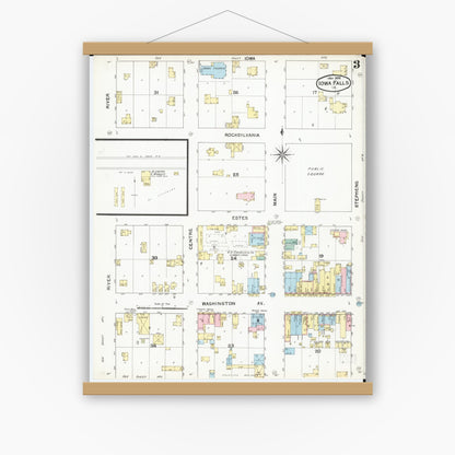 Old map wall art mockup — magnetic wood frame on white wall — Sanborn Fire Insurance Map from Iowa Falls, Hardin County, Iowa (1892), Sheet #0003