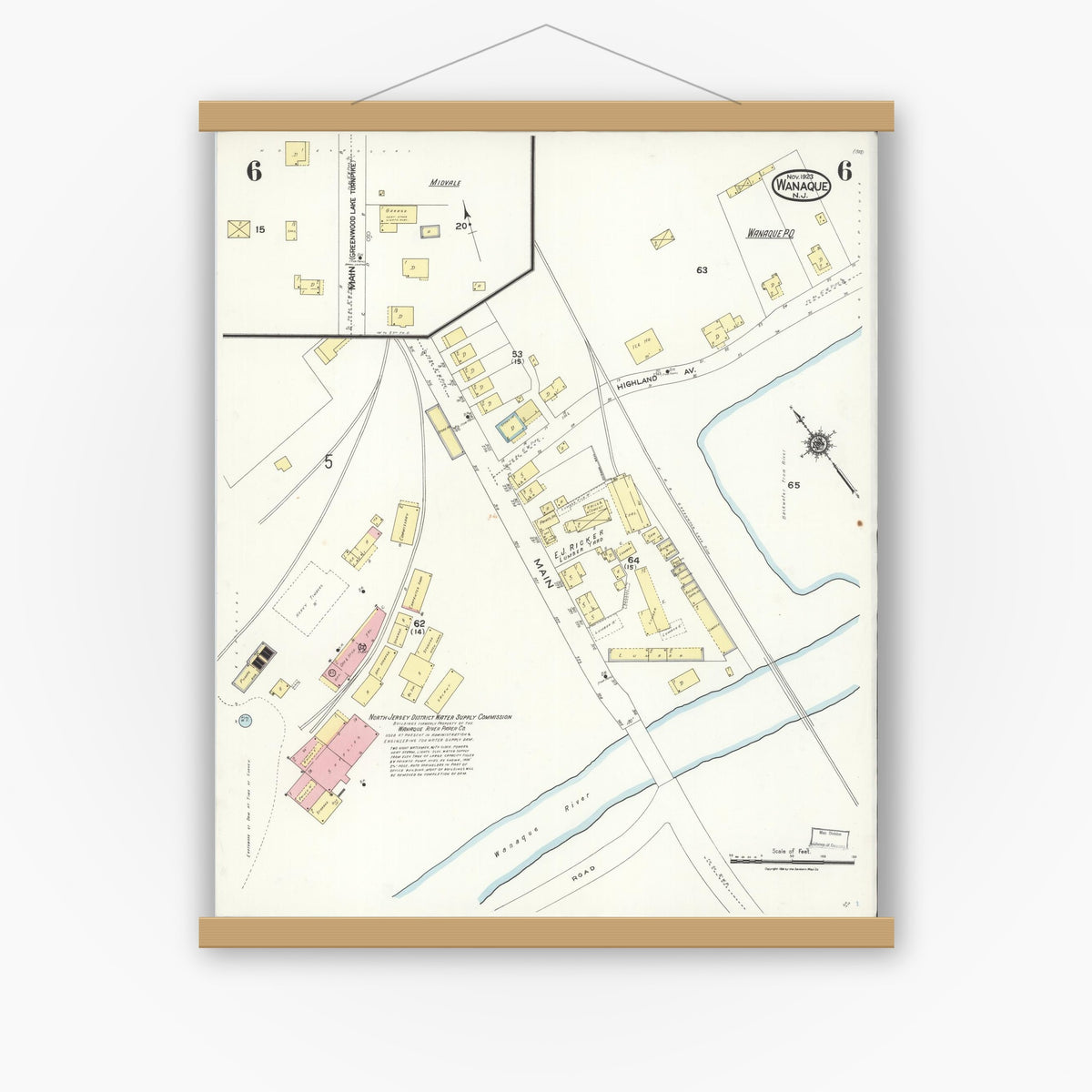 Old map wall art mockup — magnetic wood frame on white wall — Sanborn Fire Insurance Map from Wanaque, Passaic County, New Jersey (1923), Sheet #0006