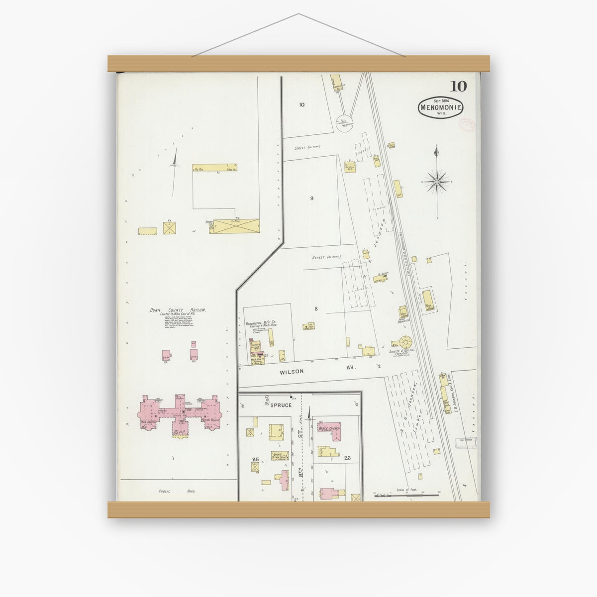 Old map wall art mockup — magnetic wood frame on white wall — Sanborn Fire Insurance Map from Menomonie, Dunn County, Wisconsin (1894), Sheet #0010