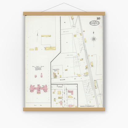 Old map wall art mockup — magnetic wood frame on white wall — Sanborn Fire Insurance Map from Menomonie, Dunn County, Wisconsin (1894), Sheet #0010