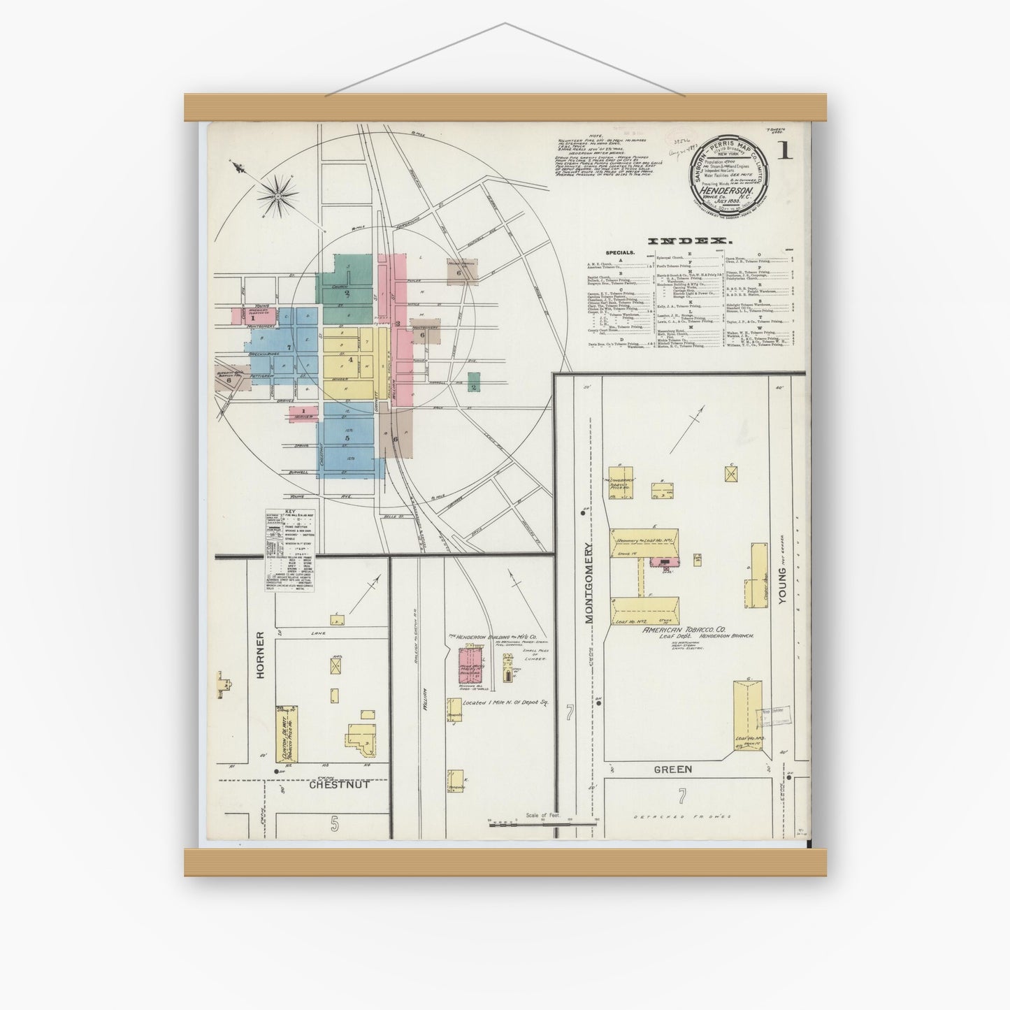 Old map wall art mockup — magnetic wood frame on white wall — Sanborn Fire Insurance Map from Henderson, Vance County, North Carolina (1893) - Complete Map Set
