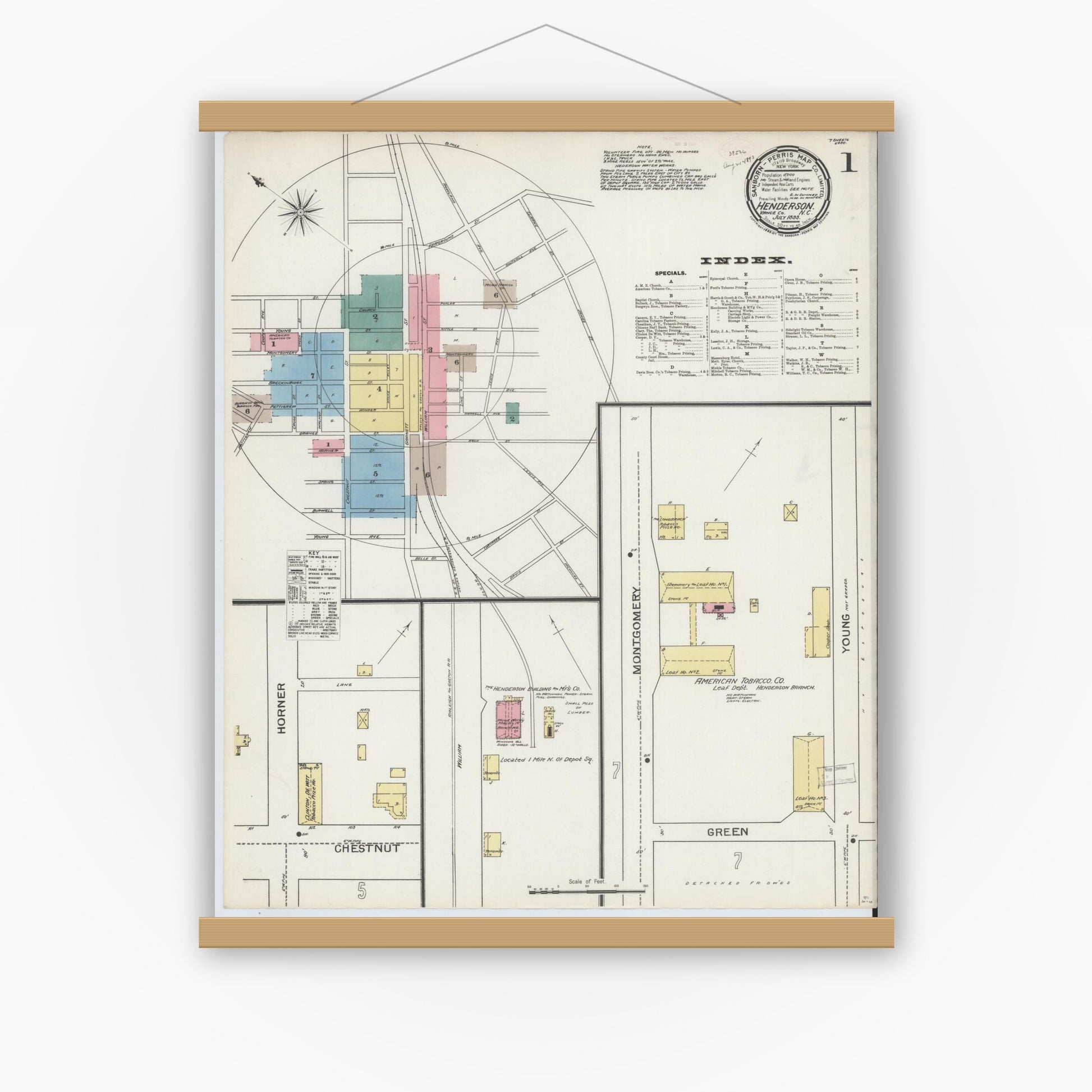 Old map wall art mockup — magnetic wood frame on white wall — Sanborn Fire Insurance Map from Henderson, Vance County, North Carolina (1893) - Complete Map Set
