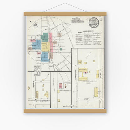 Old map wall art mockup — magnetic wood frame on white wall — Sanborn Fire Insurance Map from Henderson, Vance County, North Carolina (1893) - Complete Map Set