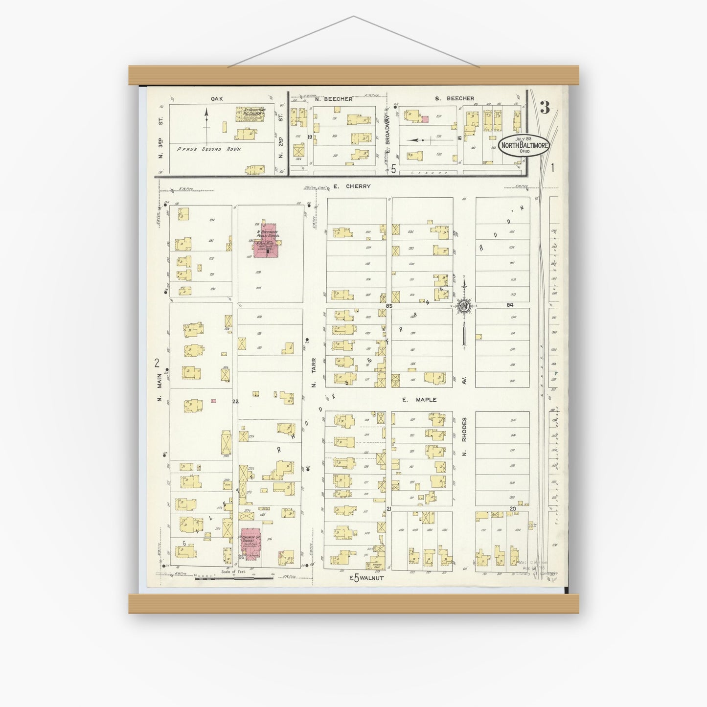Old map wall art mockup — magnetic wood frame on white wall — Sanborn Fire Insurance Map from North Baltimore, Wood County, Ohio (1913), Sheet #0003
