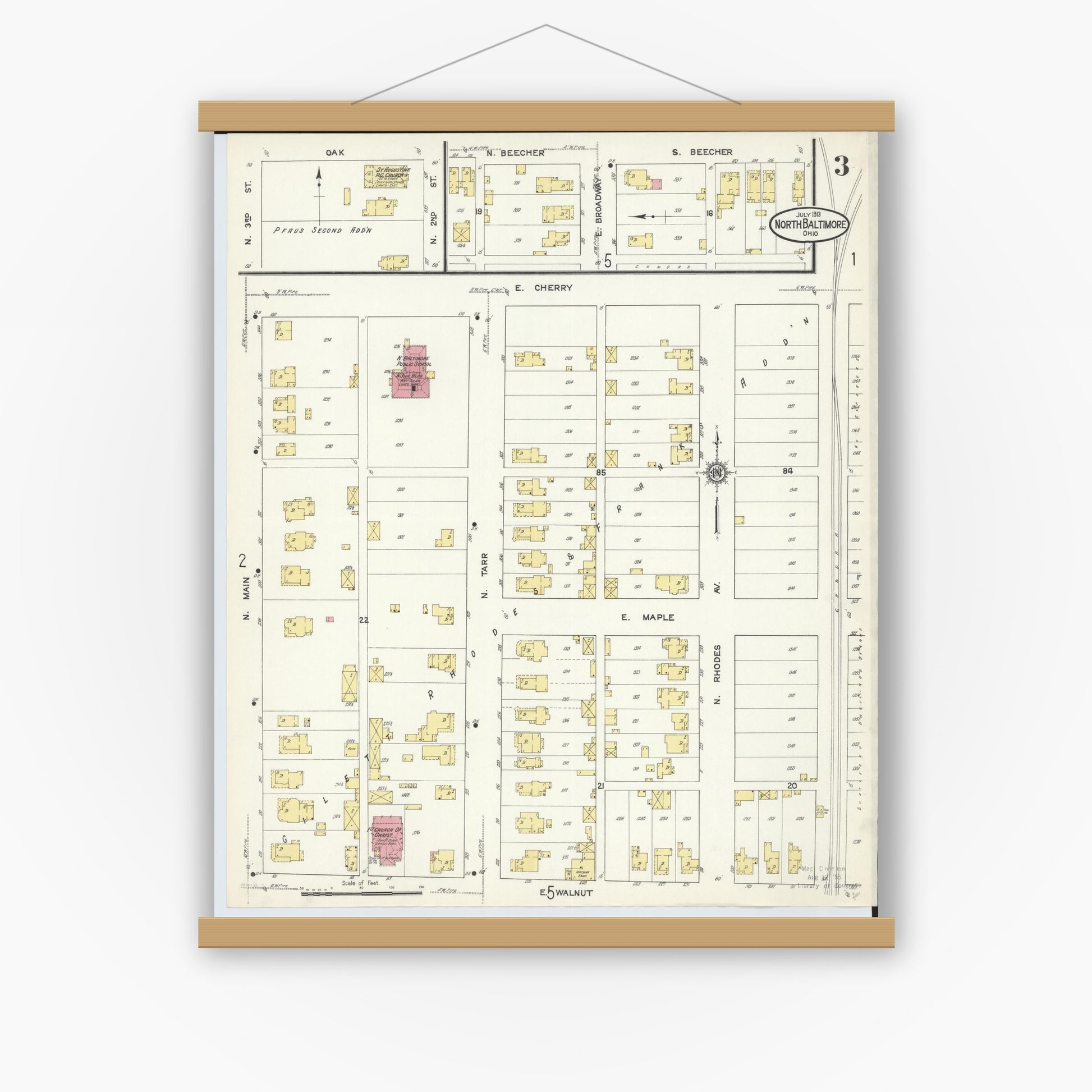 Old map wall art mockup — magnetic wood frame on white wall — Sanborn Fire Insurance Map from North Baltimore, Wood County, Ohio (1913), Sheet #0003