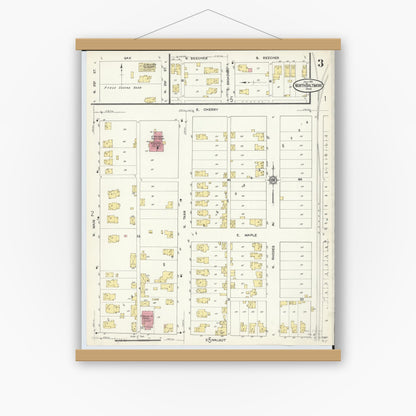 Old map wall art mockup — magnetic wood frame on white wall — Sanborn Fire Insurance Map from North Baltimore, Wood County, Ohio (1913), Sheet #0003