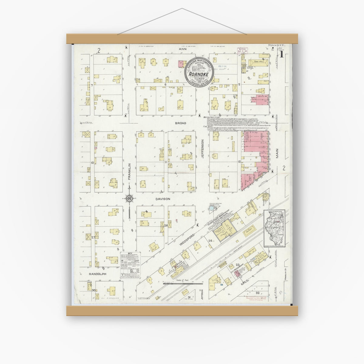 Old map wall art mockup — magnetic wood frame on white wall — Sanborn Fire Insurance Map from Roanoke, Woodford County, Illinois (1914), Sheet #0001