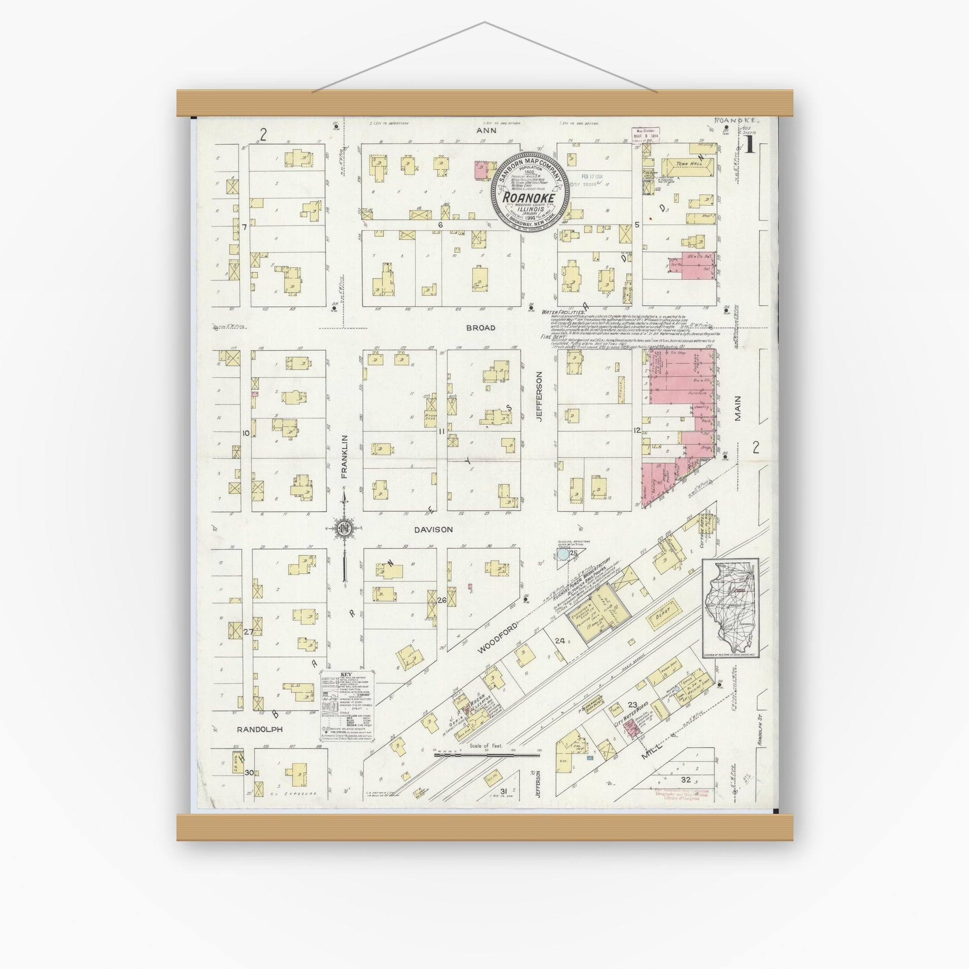 Old map wall art mockup — magnetic wood frame on white wall — Sanborn Fire Insurance Map from Roanoke, Woodford County, Illinois (1914), Sheet #0001