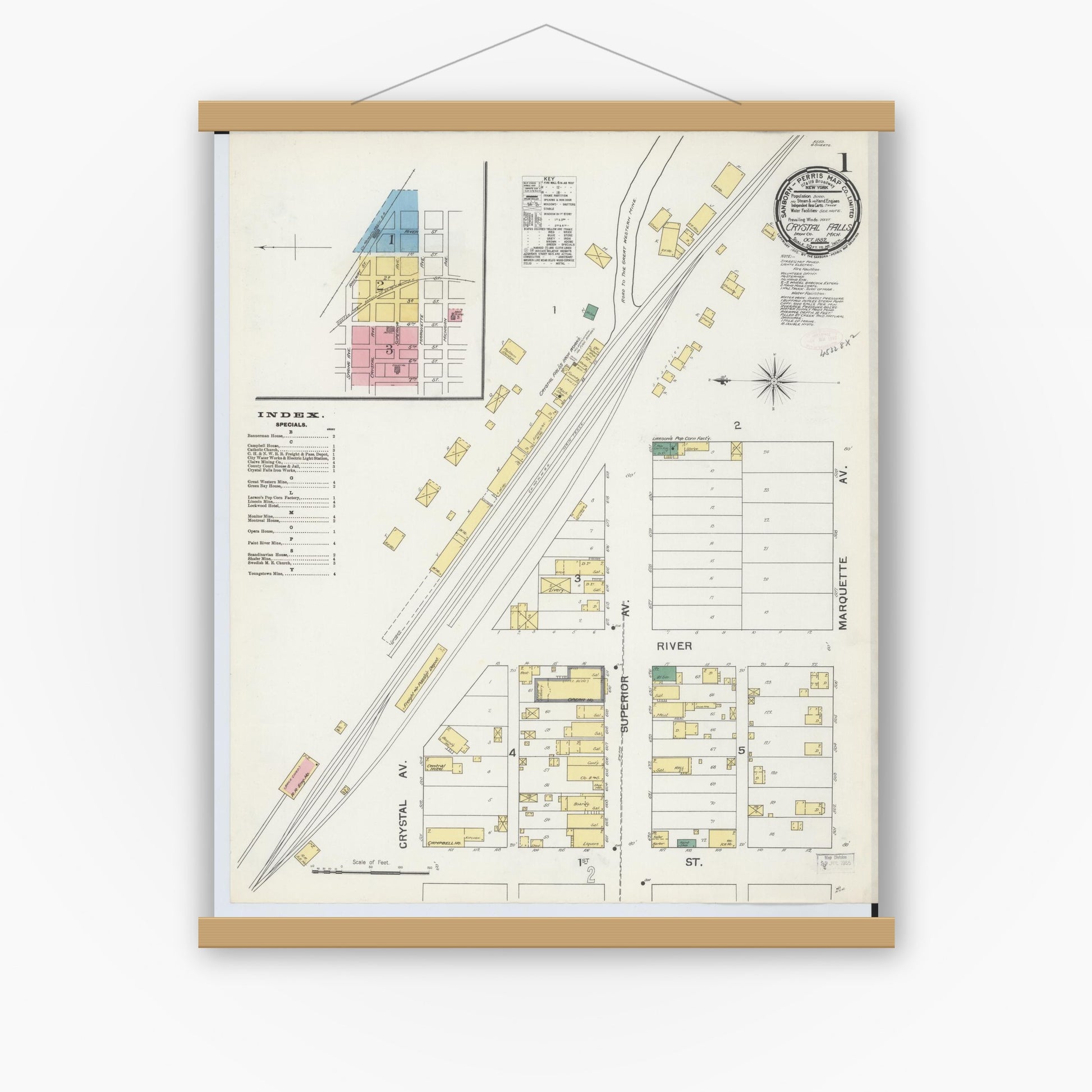 Old map wall art mockup — magnetic wood frame on white wall — Sanborn Fire Insurance Map from Crystal Falls, Iron County, Michigan (1892), Sheet #0001