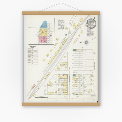 Old map wall art mockup — magnetic wood frame on white wall — Sanborn Fire Insurance Map from Crystal Falls, Iron County, Michigan (1892), Sheet #0001
