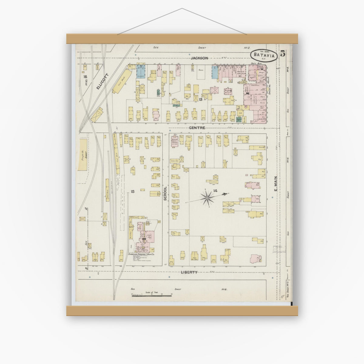 Old map wall art mockup — magnetic wood frame on white wall — Sanborn Fire Insurance Map from Batavia, Genesee County, New York (1890), Sheet #0005