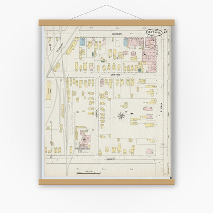 Old map wall art mockup — magnetic wood frame on white wall — Sanborn Fire Insurance Map from Batavia, Genesee County, New York (1890), Sheet #0005