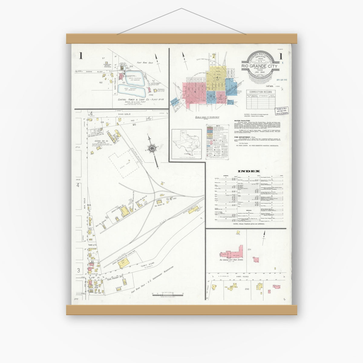 Old map wall art mockup — magnetic wood frame on white wall — Sanborn Fire Insurance Map from Rio Grande City, Starr County, Texas (1940) - Complete Map Set