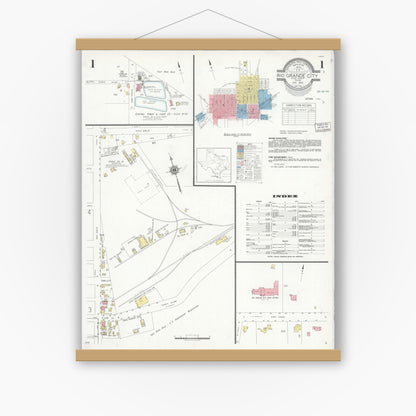 Old map wall art mockup — magnetic wood frame on white wall — Sanborn Fire Insurance Map from Rio Grande City, Starr County, Texas (1940) - Complete Map Set
