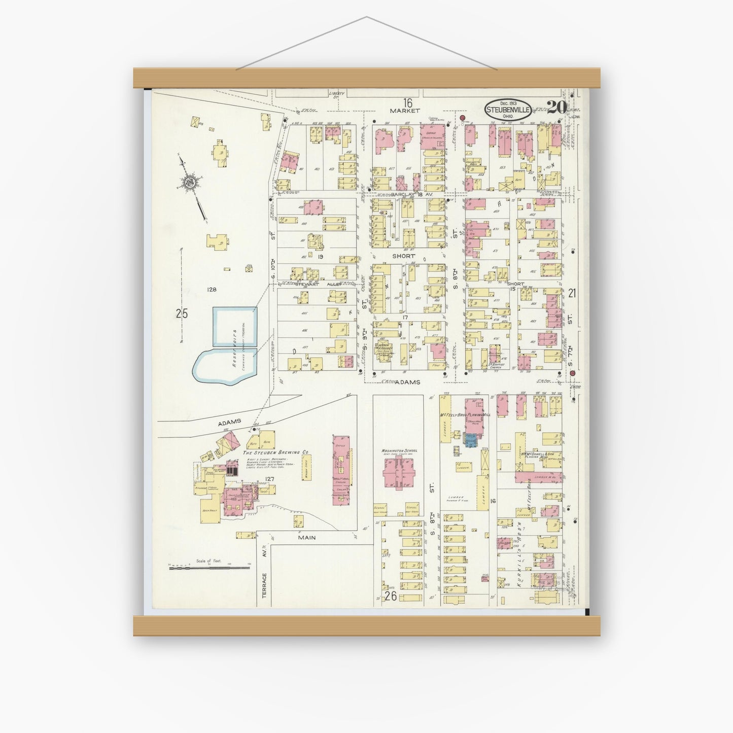 Old map wall art mockup — magnetic wood frame on white wall — Sanborn Fire Insurance Map from Steubenville, Jefferson County, Ohio (1913), Sheet #0020