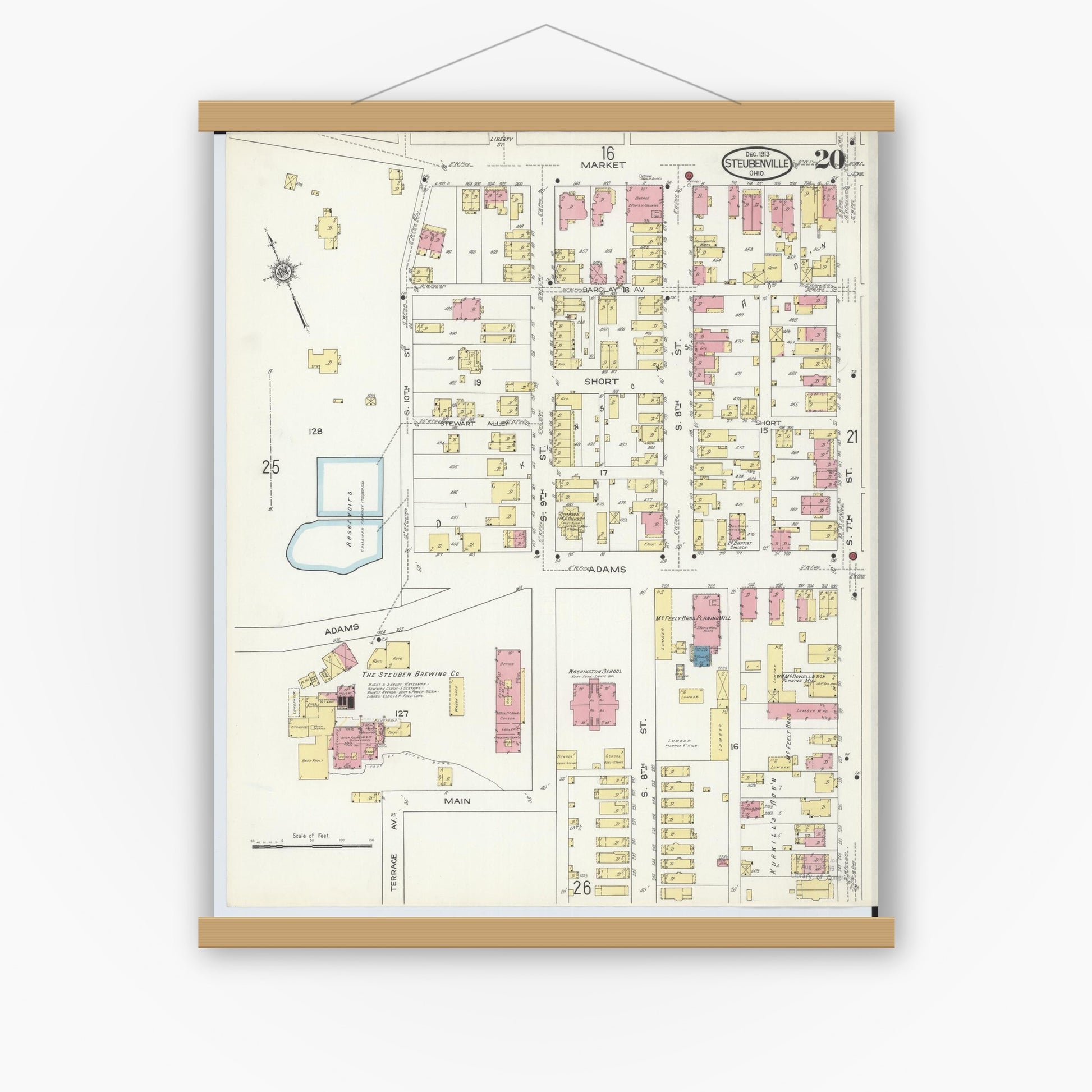 Old map wall art mockup — magnetic wood frame on white wall — Sanborn Fire Insurance Map from Steubenville, Jefferson County, Ohio (1913), Sheet #0020