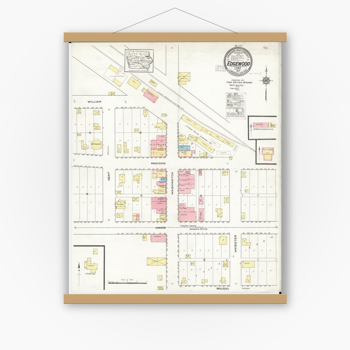 Old map wall art mockup — magnetic wood frame on white wall — Sanborn Fire Insurance Map from Edgewood, Delaware and Clayton Counties, Iowa (1917), Sheet #0001