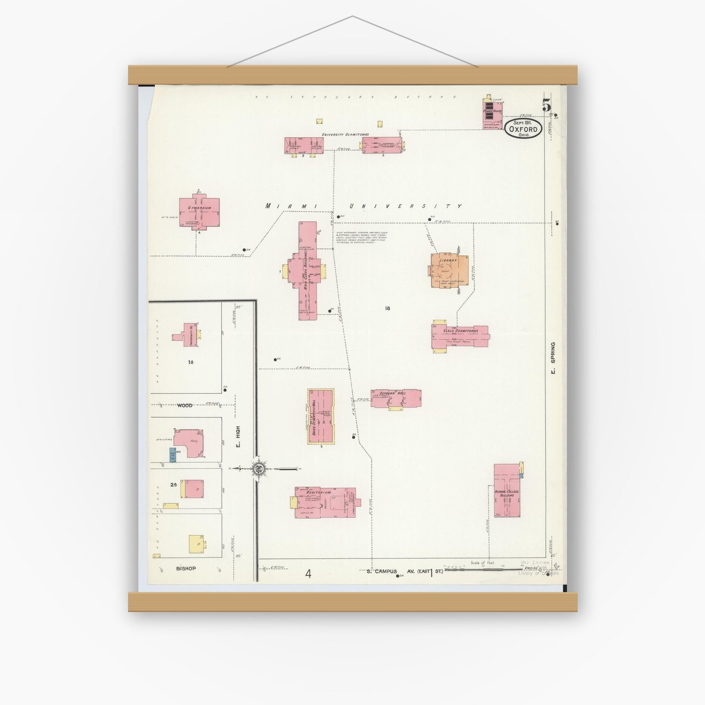 Old map wall art mockup — magnetic wood frame on white wall — Sanborn Fire Insurance Map from Oxford, Butler County, Ohio (1911), Sheet #0005