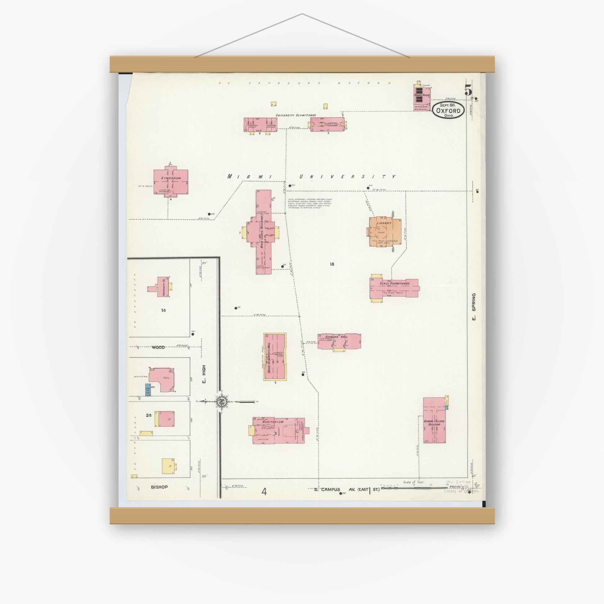 Old map wall art mockup — magnetic wood frame on white wall — Sanborn Fire Insurance Map from Oxford, Butler County, Ohio (1911), Sheet #0005
