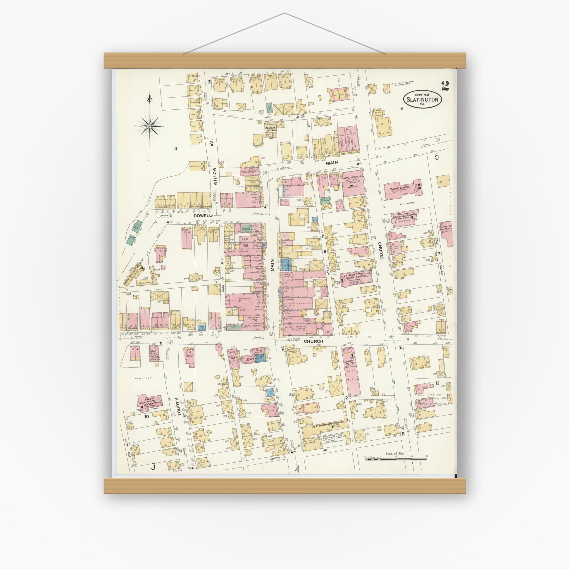 Old map wall art mockup — magnetic wood frame on white wall — Sanborn Fire Insurance Map from Slatington, Lehigh County, Pennsylvania (1908), Sheet #0002