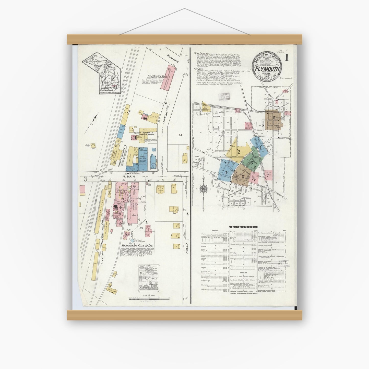 Old map wall art mockup — magnetic wood frame on white wall — Sanborn Fire Insurance Map from Plymouth, Wayne County, Michigan (1918) - Complete Map Set