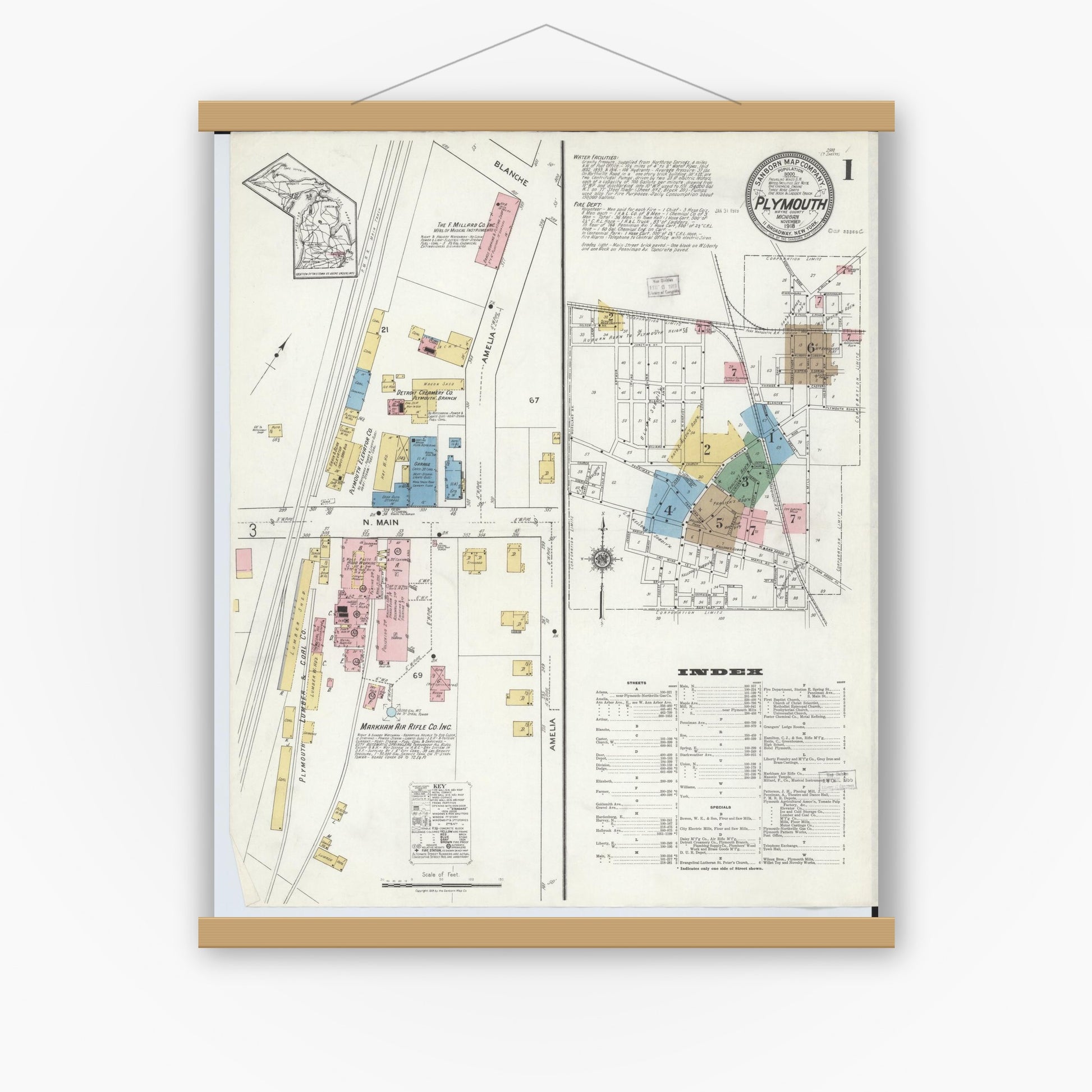 Old map wall art mockup — magnetic wood frame on white wall — Sanborn Fire Insurance Map from Plymouth, Wayne County, Michigan (1918) - Complete Map Set