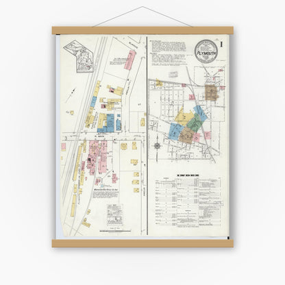 Old map wall art mockup — magnetic wood frame on white wall — Sanborn Fire Insurance Map from Plymouth, Wayne County, Michigan (1918) - Complete Map Set