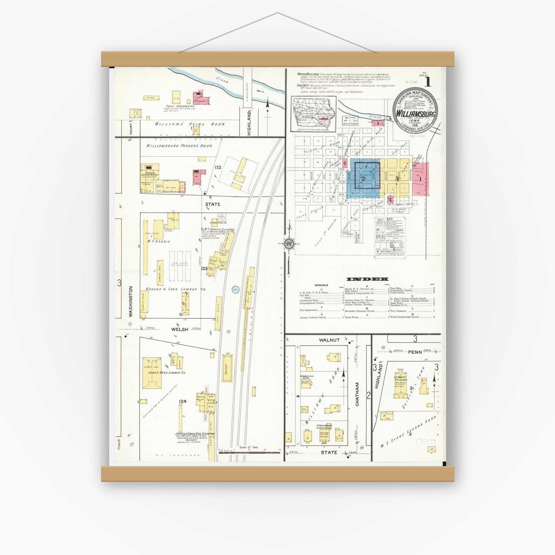 Old map wall art mockup — magnetic wood frame on white wall — Sanborn Fire Insurance Map from Williamsburg, Iowa County, Iowa (1916) â€” Complete Set
