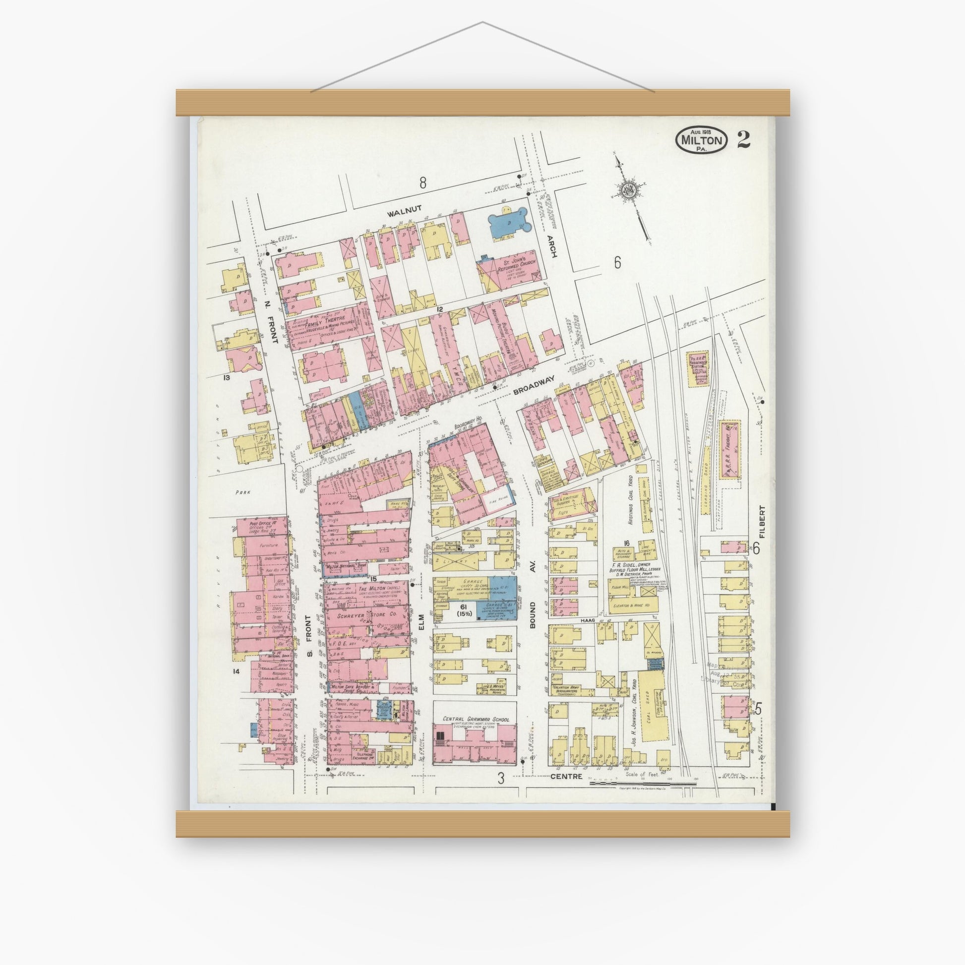 Old map wall art mockup — magnetic wood frame on white wall — Sanborn Fire Insurance Map from Milton, Northumberland County, Pennsylvania (1918), Sheet #0002