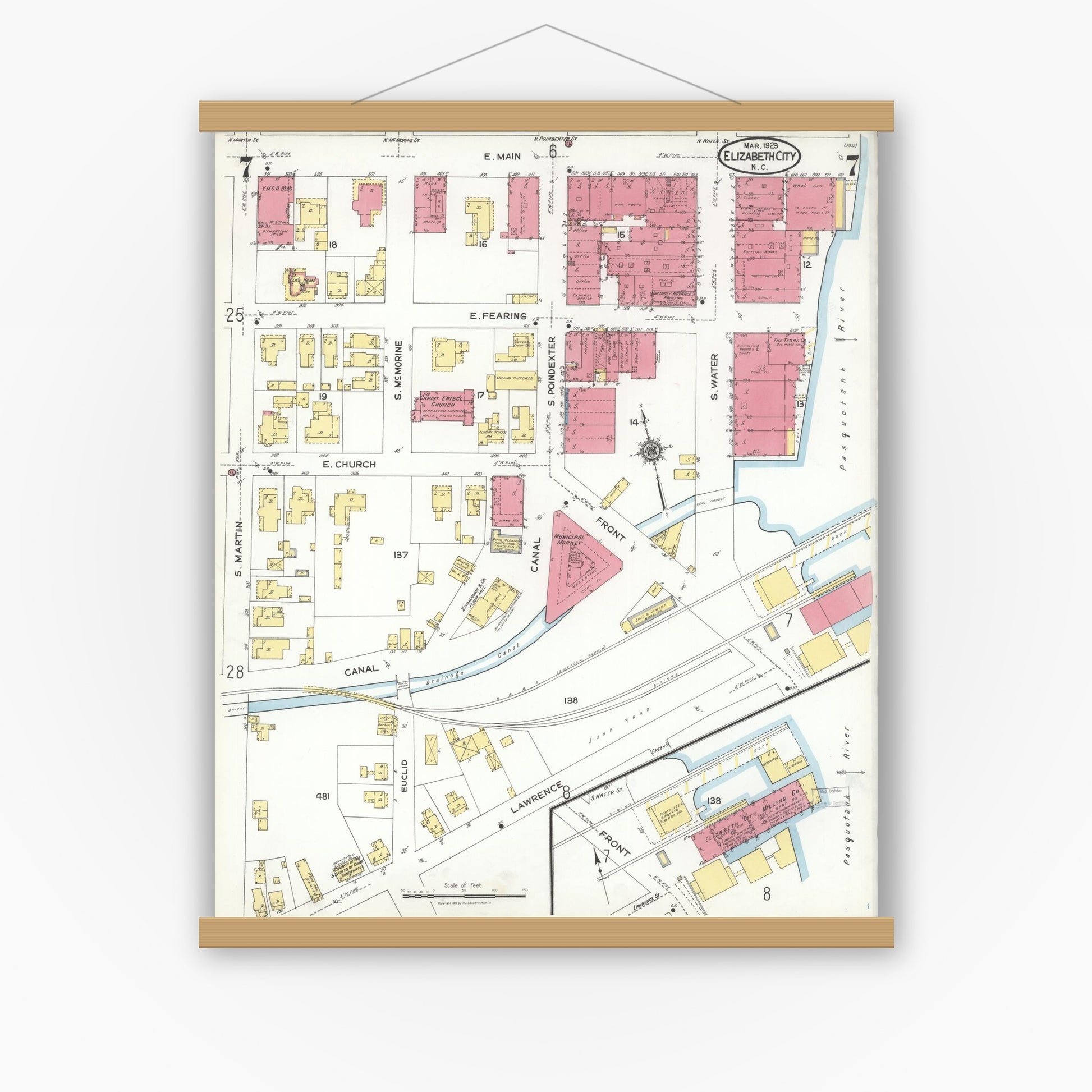 Old map wall art mockup — magnetic wood frame on white wall — Sanborn Fire Insurance Map from Elizabeth City, Pasquotank County, North Carolina (1923), Sheet #0007
