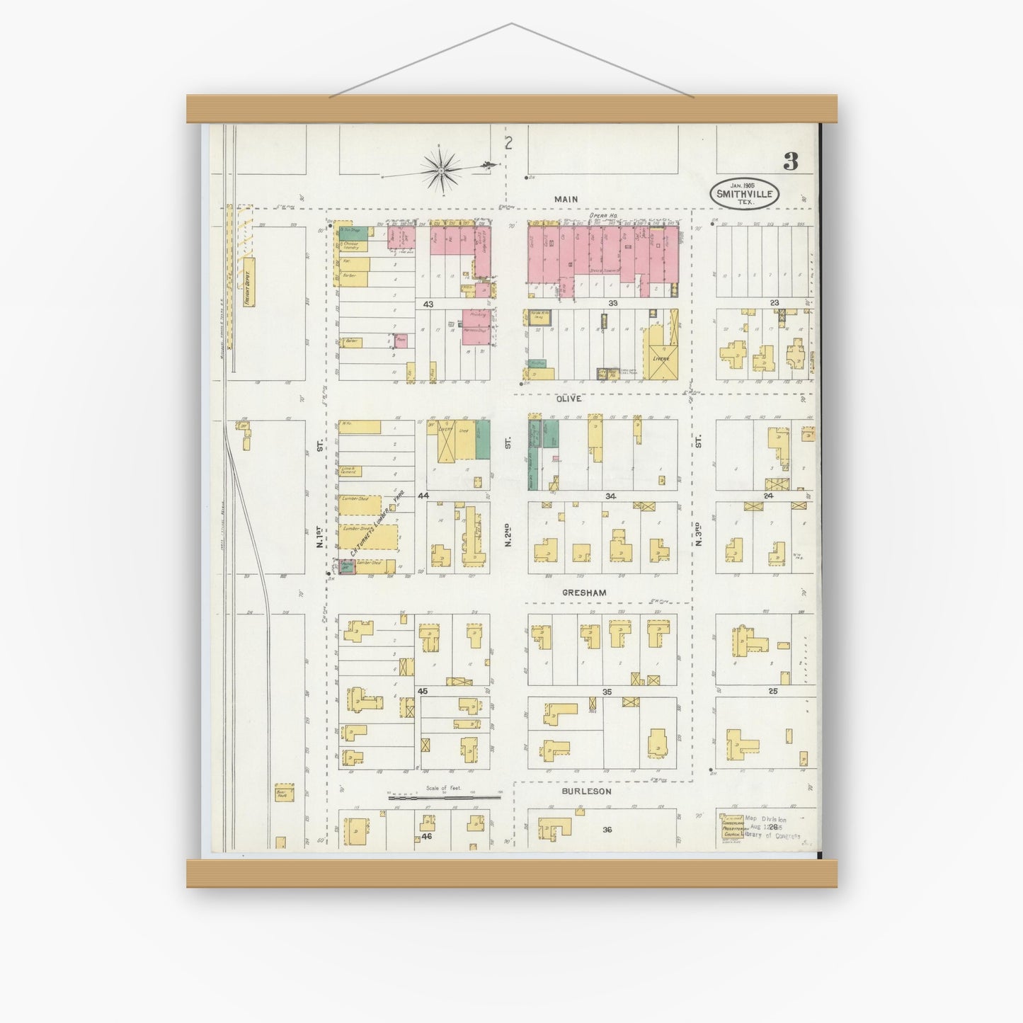 Old map wall art mockup — magnetic wood frame on white wall — Sanborn Fire Insurance Map from Smithville, Bastrop County, Texas (1905), Sheet #0003