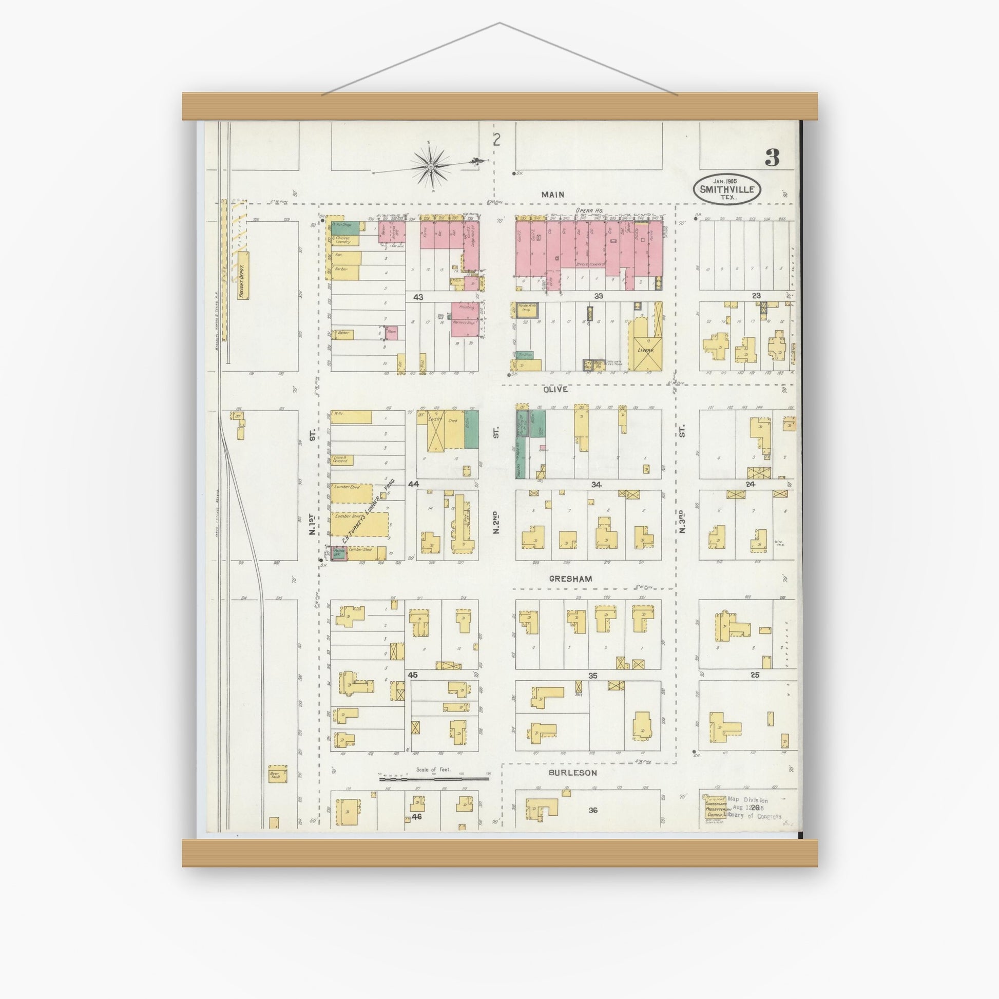 Old map wall art mockup — magnetic wood frame on white wall — Sanborn Fire Insurance Map from Smithville, Bastrop County, Texas (1905), Sheet #0003