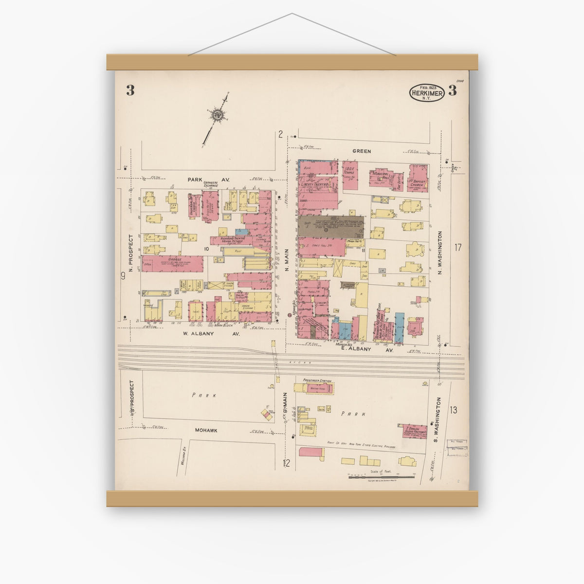 Old map wall art mockup — magnetic wood frame on white wall — Sanborn Fire Insurance Map from Herkimer, Herkimer County, New York (1923), Sheet #0003