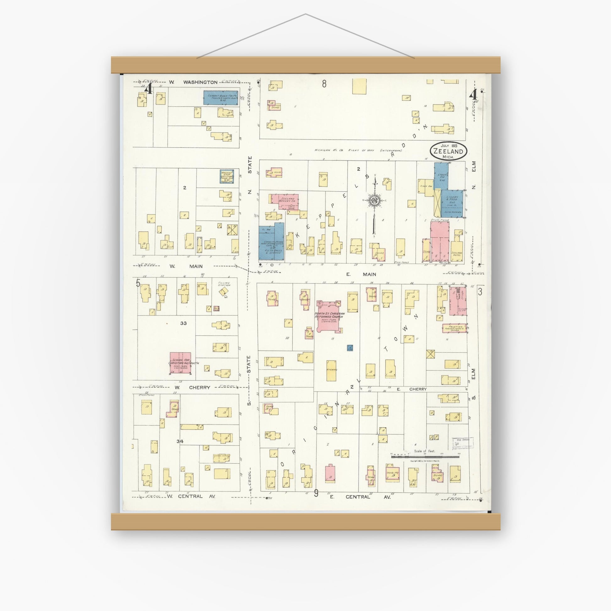 Old map wall art mockup — magnetic wood frame on white wall — Sanborn Fire Insurance Map from Zeeland, Ottawa County, Michigan (1923), Sheet #0004