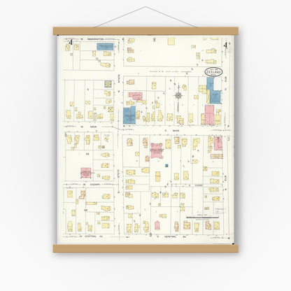 Old map wall art mockup — magnetic wood frame on white wall — Sanborn Fire Insurance Map from Zeeland, Ottawa County, Michigan (1923), Sheet #0004