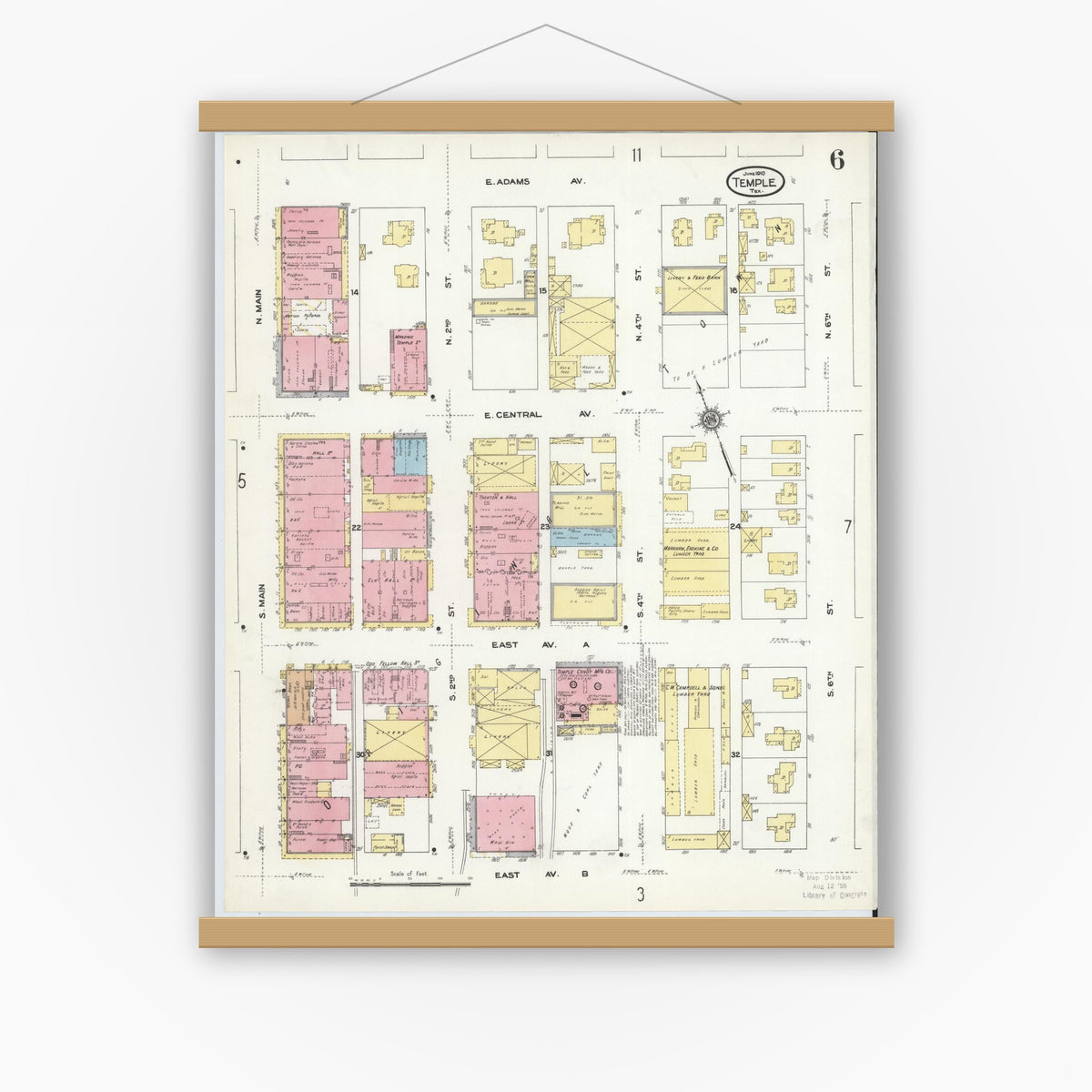 Old map wall art mockup — magnetic wood frame on white wall — Sanborn Fire Insurance Map from Temple, Bell County, Texas (1910), Sheet #0006