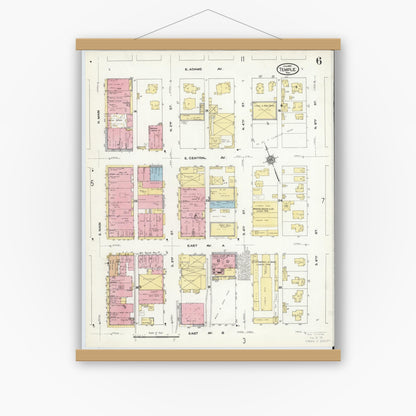 Old map wall art mockup — magnetic wood frame on white wall — Sanborn Fire Insurance Map from Temple, Bell County, Texas (1910), Sheet #0006