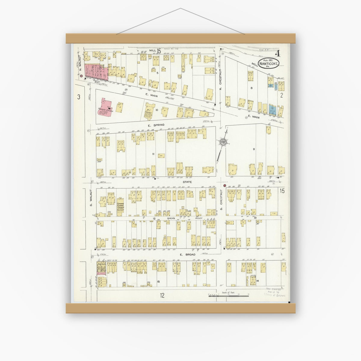 Old map wall art mockup — magnetic wood frame on white wall — Sanborn Fire Insurance Map from Nanticoke, Luzerne County, Pennsylvania (1912), Sheet #0004