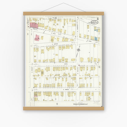 Old map wall art mockup — magnetic wood frame on white wall — Sanborn Fire Insurance Map from Nanticoke, Luzerne County, Pennsylvania (1912), Sheet #0004