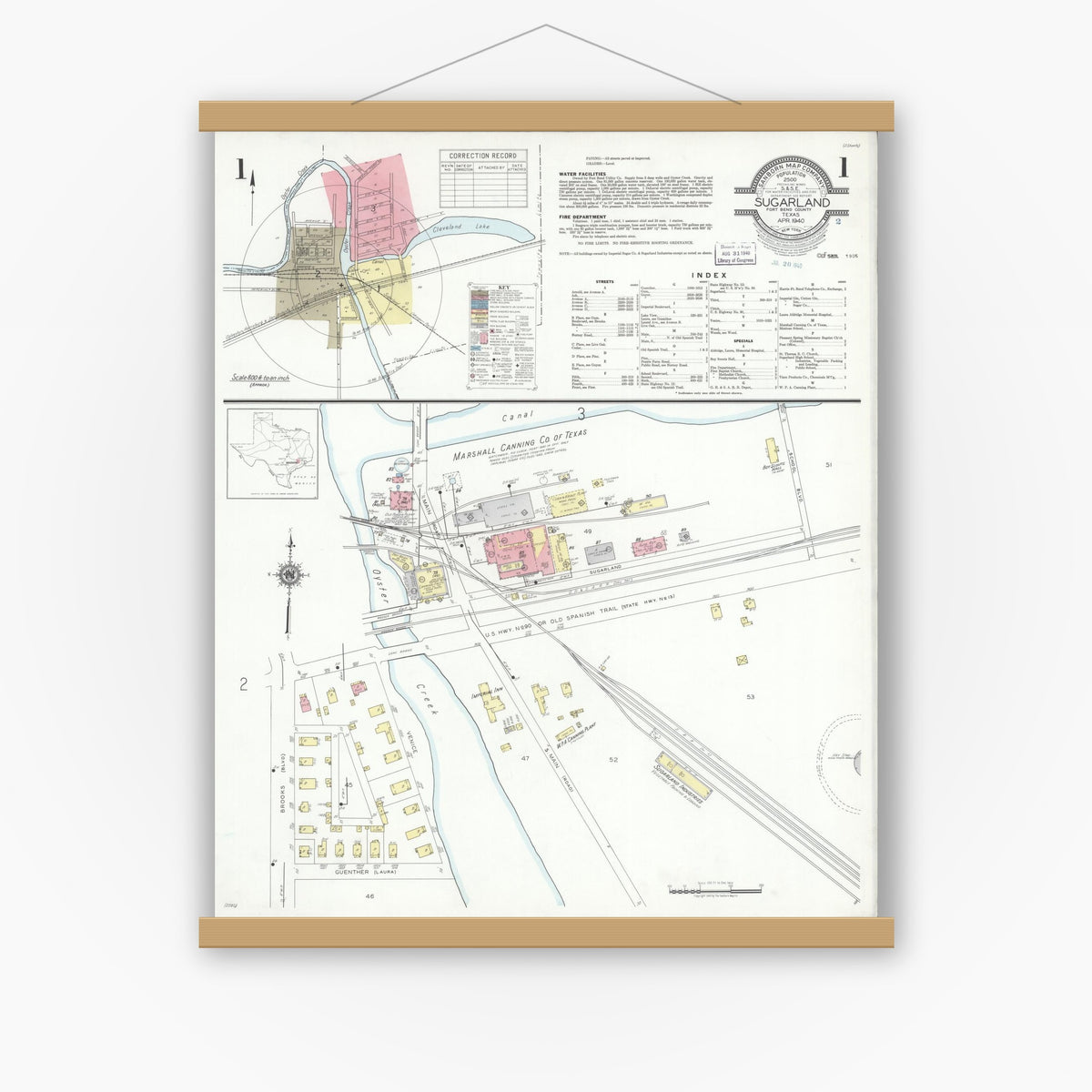 Old map wall art mockup — magnetic wood frame on white wall — Sanborn Fire Insurance Map from Sugarland, Fort Bend County, Texas (1940) - Complete Map Set