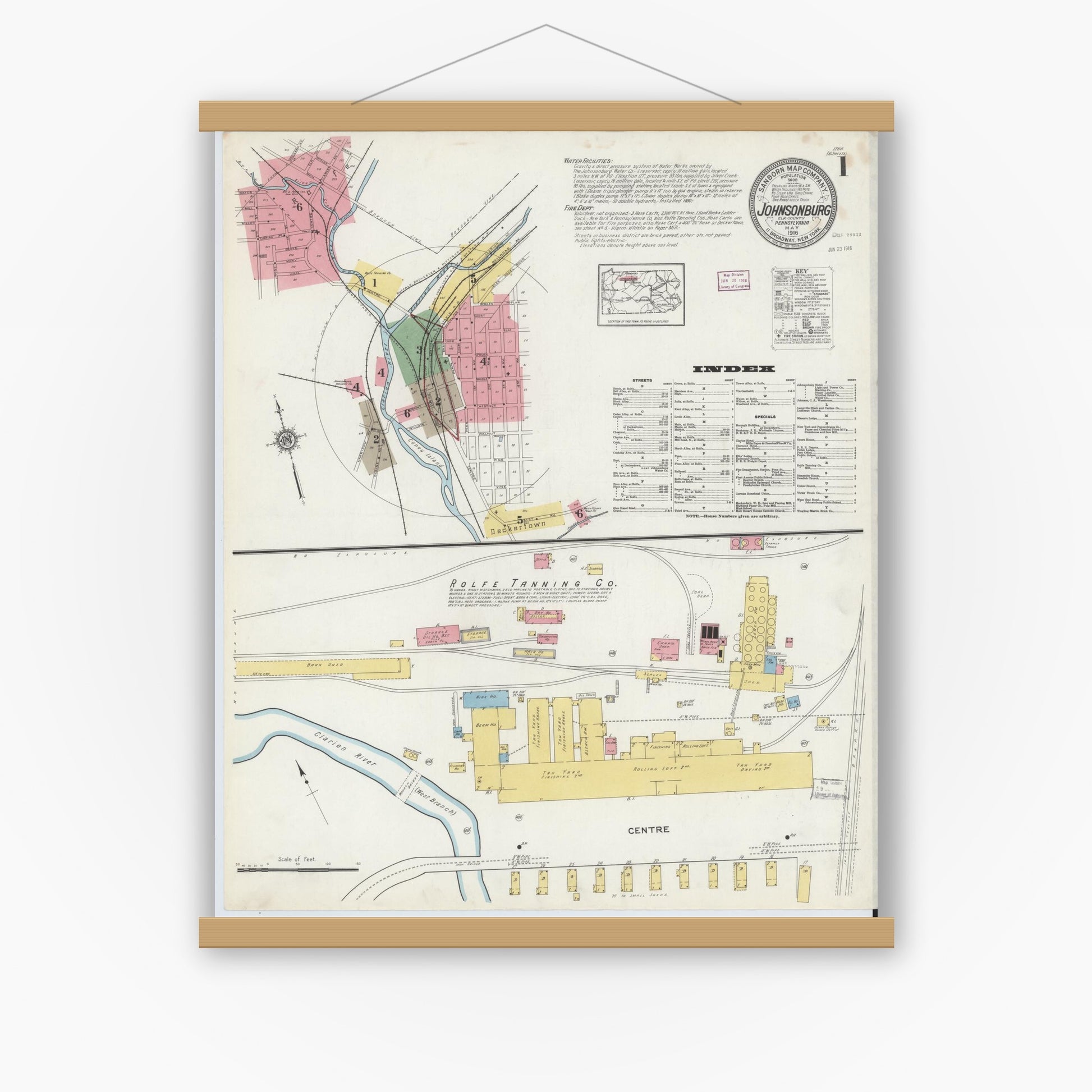 Old map wall art mockup — magnetic wood frame on white wall — Sanborn Fire Insurance Map from Johnsonburg, Elk County, Pennsylvania (1916), Sheet #0001