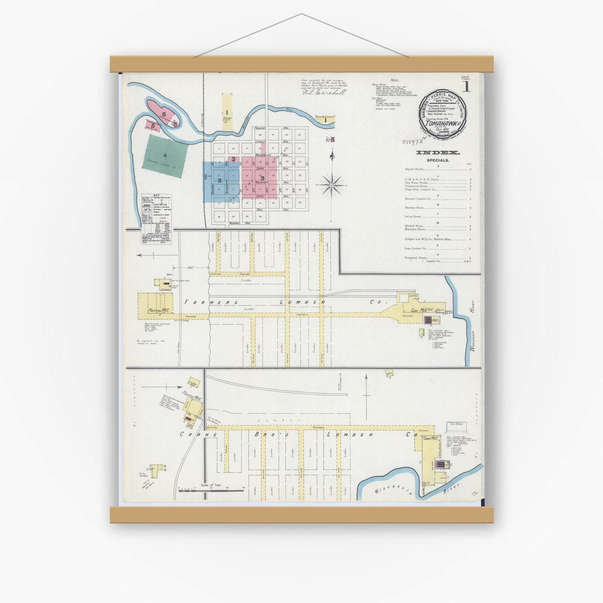 Old map wall art mockup — magnetic wood frame on white wall — Sanborn Fire Insurance Map from Tomahawk, Lincoln County, Wisconsin (1892) - Complete Map Set