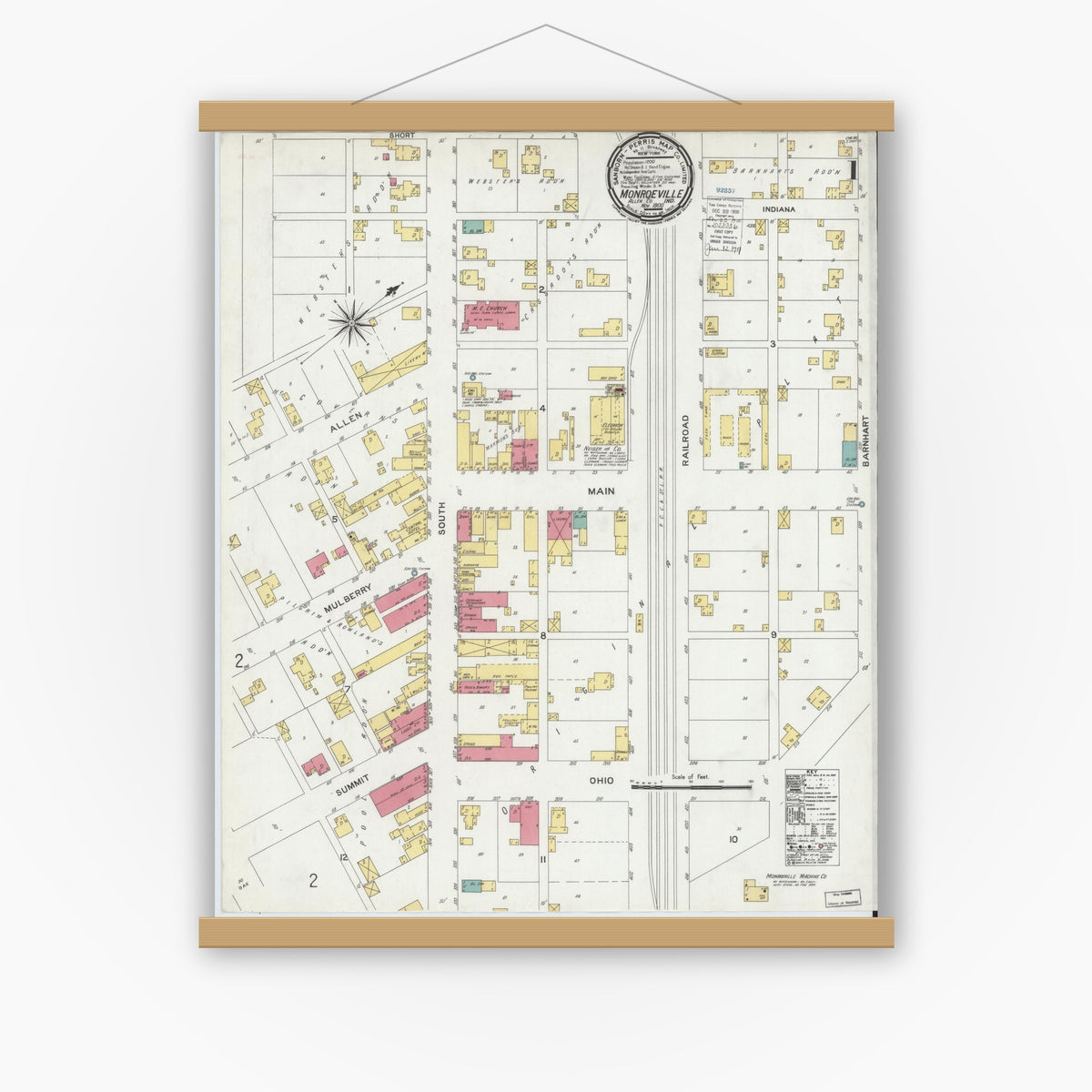 Old map wall art mockup — magnetic wood frame on white wall — Sanborn Fire Insurance Map from Monroeville, Allen County, Indiana (1900), Sheet #0001