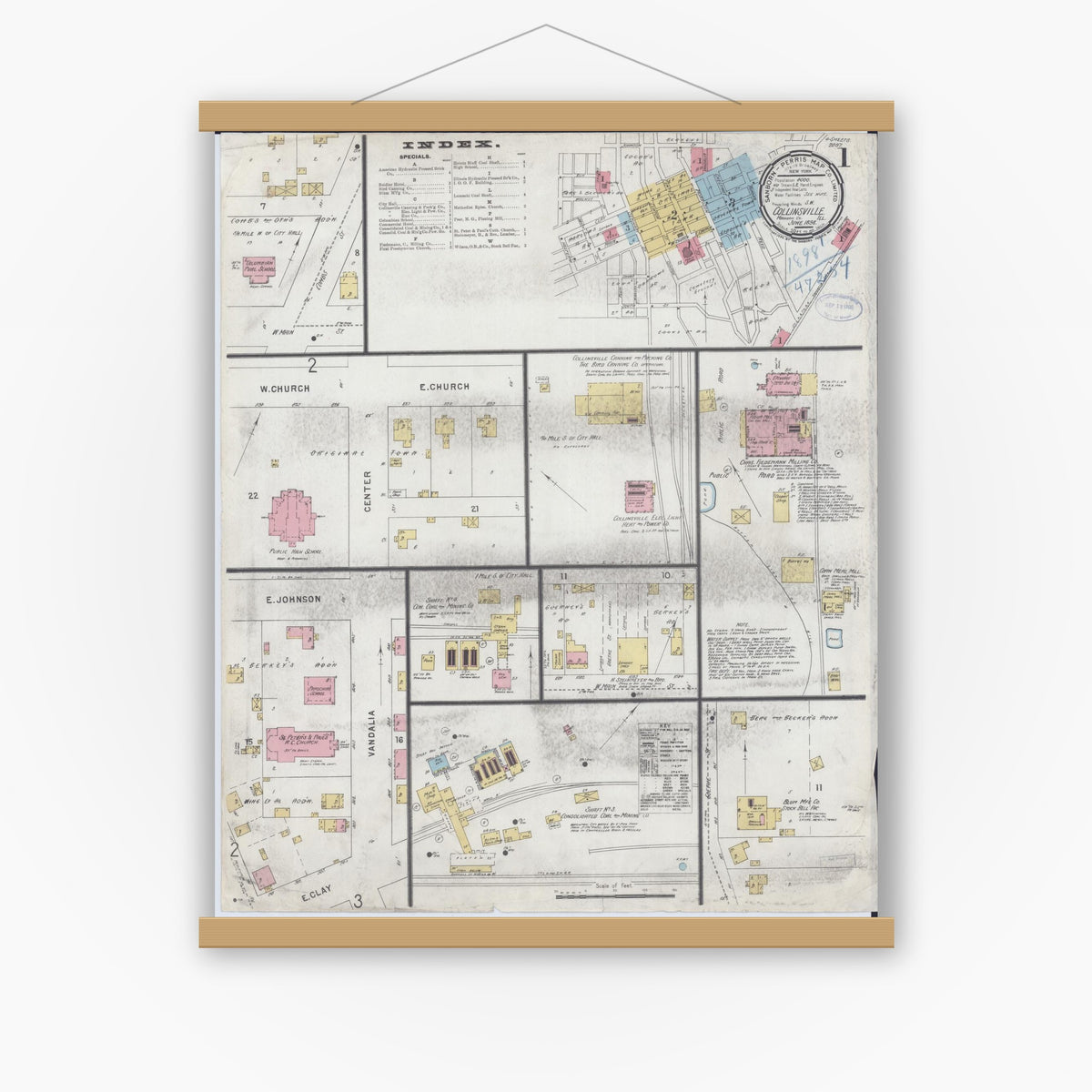 Old map wall art mockup — magnetic wood frame on white wall — Sanborn Fire Insurance Map from Collinsville, Madison County, Illinois (1898), Sheet #0001